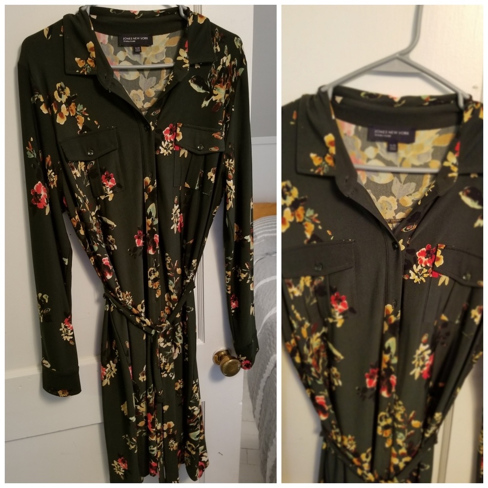 Olive green long sleeve belted dress